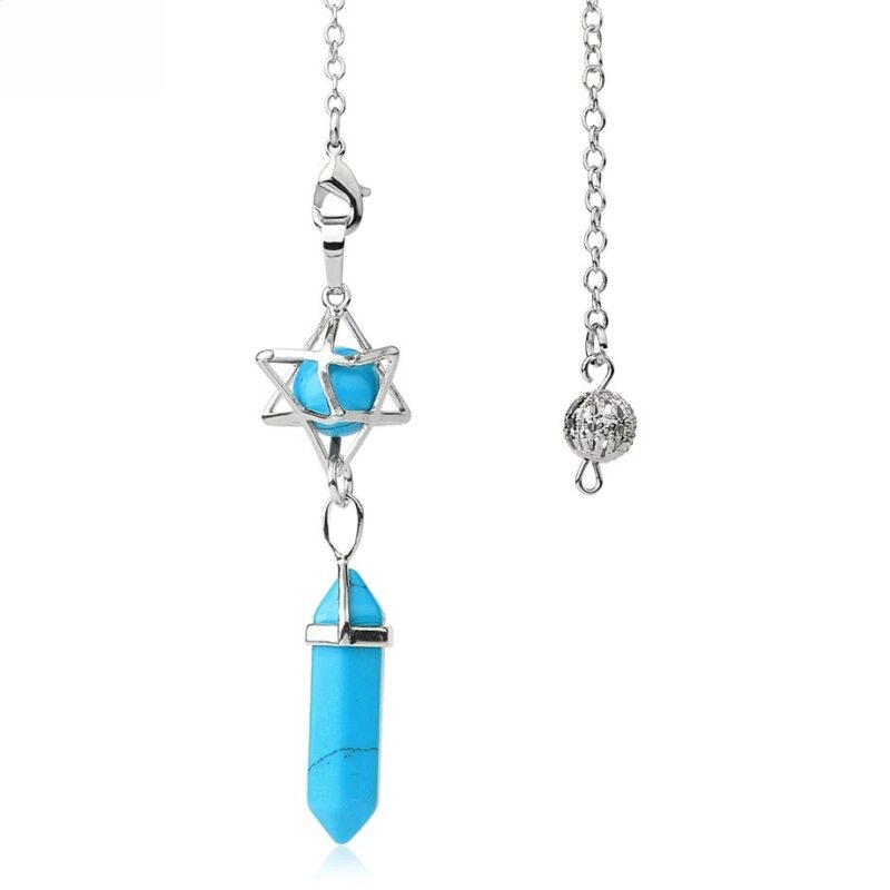 Turquoise crystal pendulum with star and metal chain.