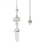 White quartz crystal pendulum with star-shaped pendant and metal chain.  Crystal point.