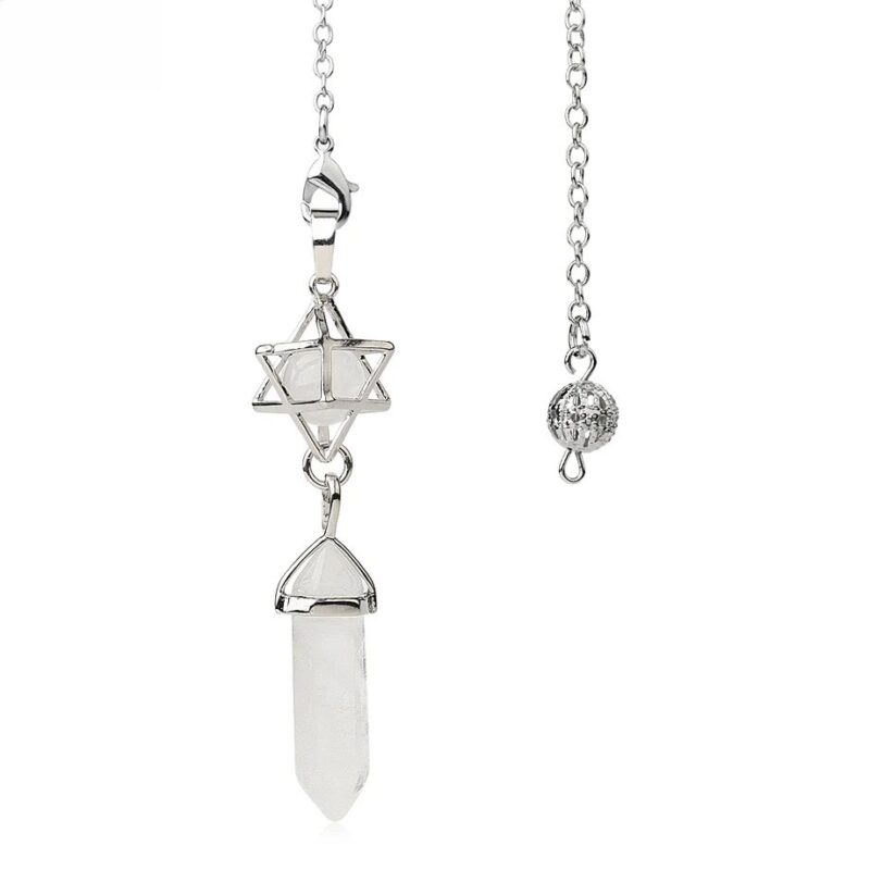 White quartz crystal pendulum with star-shaped pendant and metal chain.  Crystal point.