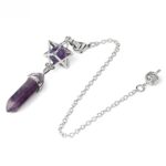 Amethyst pendulum with star-shaped and ball-shaped pendants on a chain.