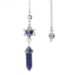 Silver-toned pendulum with a  blue lapis lazuli stone point and star-shaped gemstone.  Crystal divination tool.