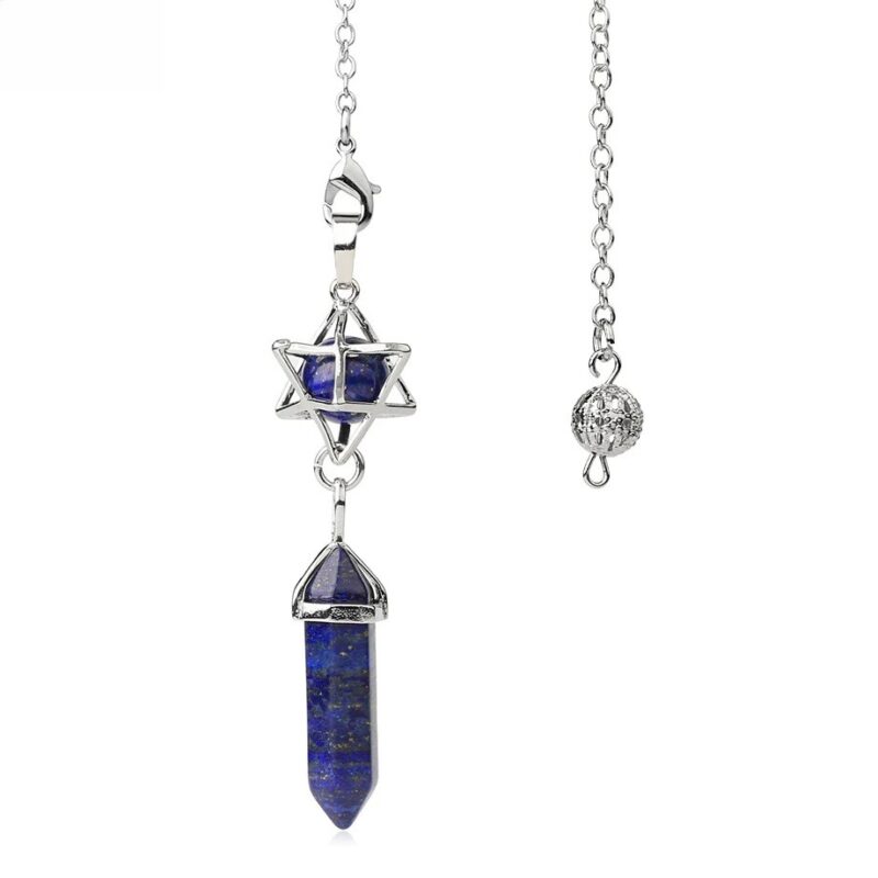 Silver-toned pendulum with a  blue lapis lazuli stone point and star-shaped gemstone.  Crystal divination tool.