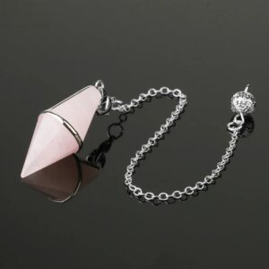 Pink rose quartz pendulum with silver chain.