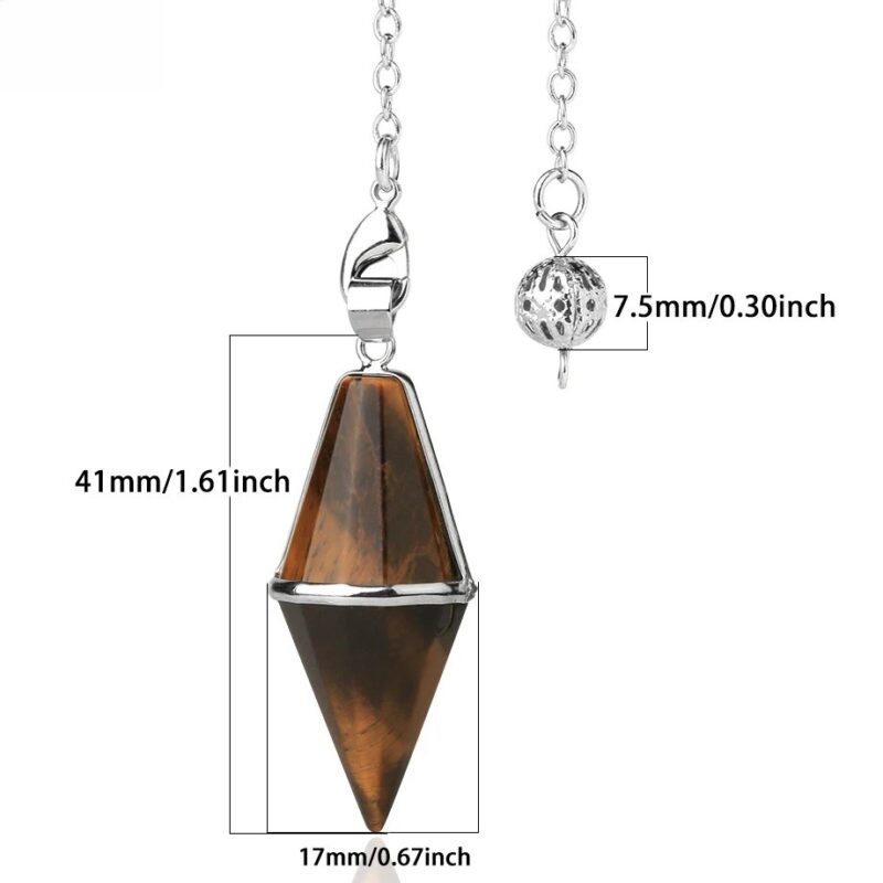 Tiger eye pendulum, 41mm/1.61 inch long, 17mm/0.67 inch wide, with 7.5mm/0.30 inch metal ball.