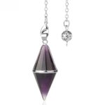 Purple gemstone pendulum with silver chain and ball.