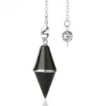 Black gemstone pendulum with silver chain.  Crystal divination tool.