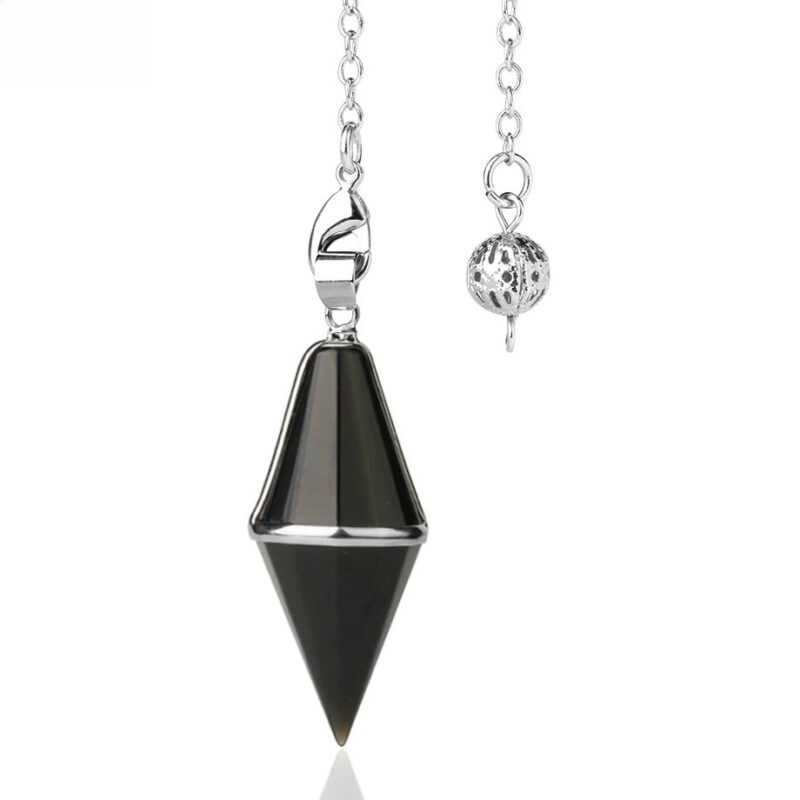Black gemstone pendulum with silver chain.  Crystal divination tool.