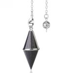Dark-blue, pointed pendulum with silver chain and ball.