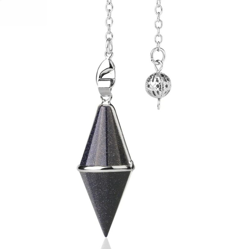 Dark-blue, pointed pendulum with silver chain and ball.