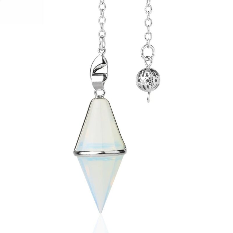 White opal pendulum with metal chain and ball.  Crystal divination tool.