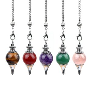 Set of 5 gemstone pendulums, tiger's eye, carnelian, amethyst, green jade, and rose quartz, on silver chains.