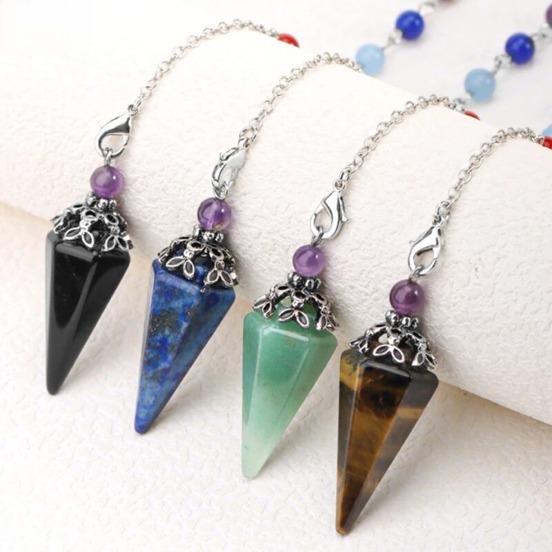 Set of 4 crystal pendulums, obsidian, lapis lazuli, green aventurine, tiger's eye.