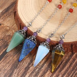 Four crystal pendulums, green, blue, light purple, and golden brown, with ornate metal top and amethyst beads.