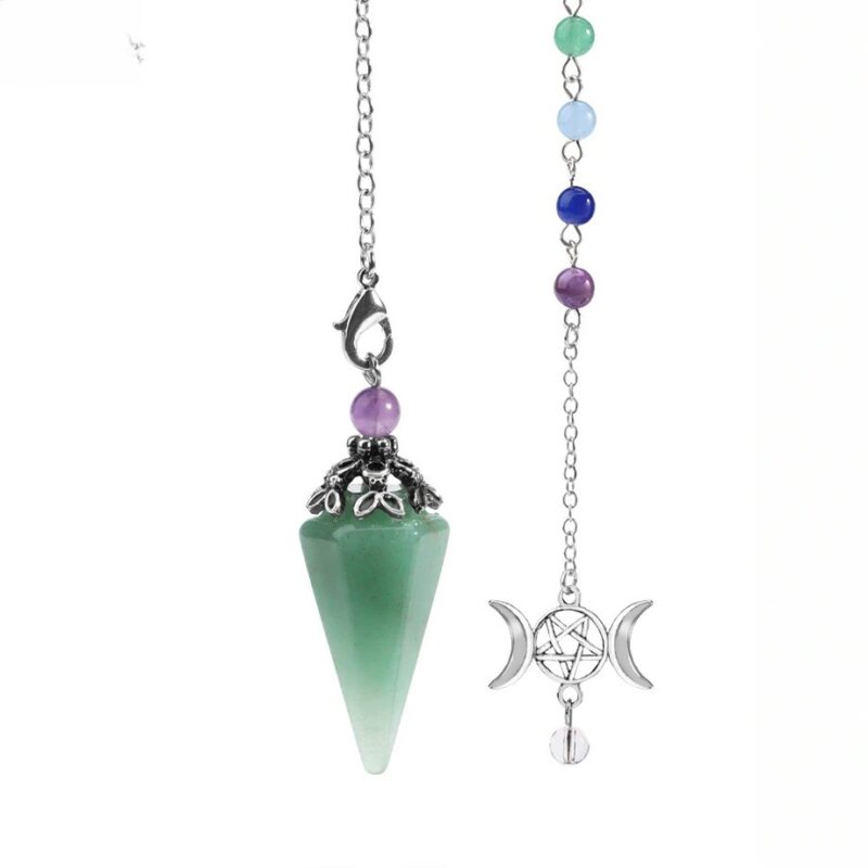Green aventurine pendulum,  metal chain,  chakra stones.