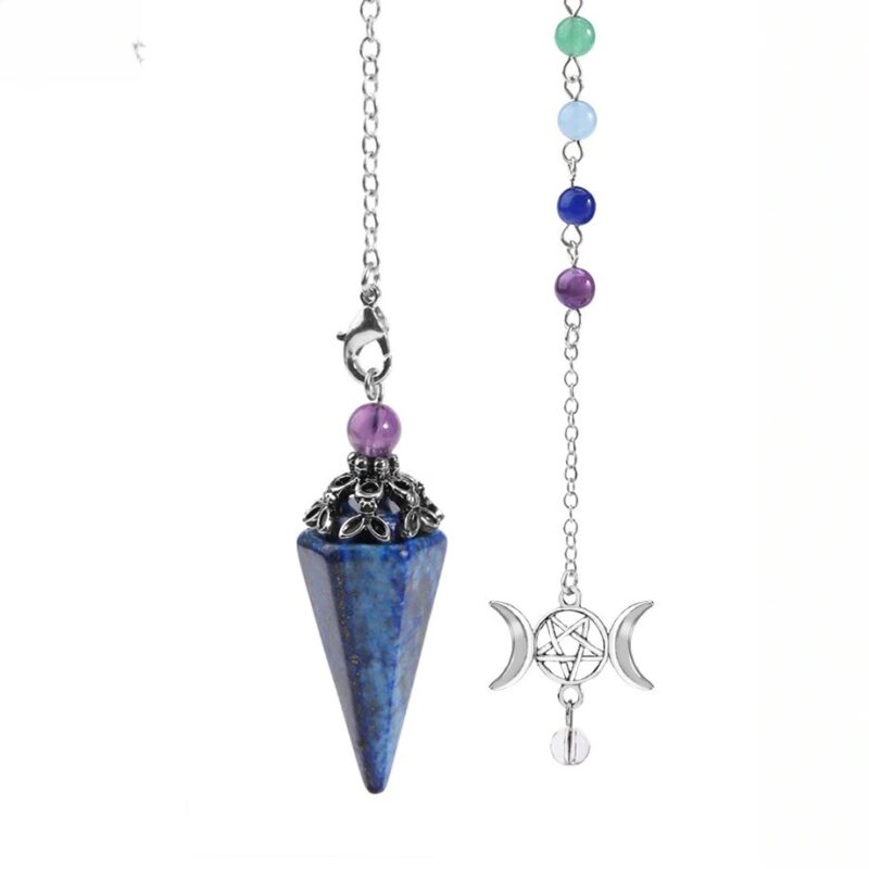 Blue lapis lazuli pendulum with gemstone beads,  silver chain, and moon symbol.