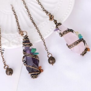 Three gemstone pendulums, amethyst, rose quartz, wired with small stones.
