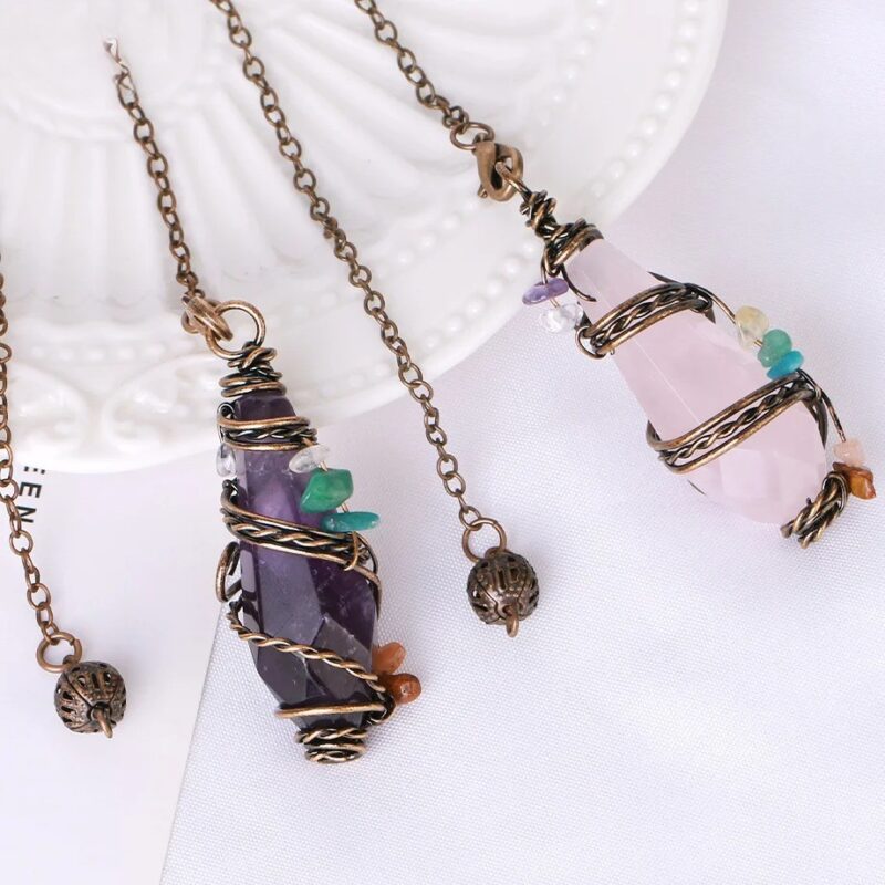 Three gemstone pendulums, amethyst, rose quartz, wired with small stones.