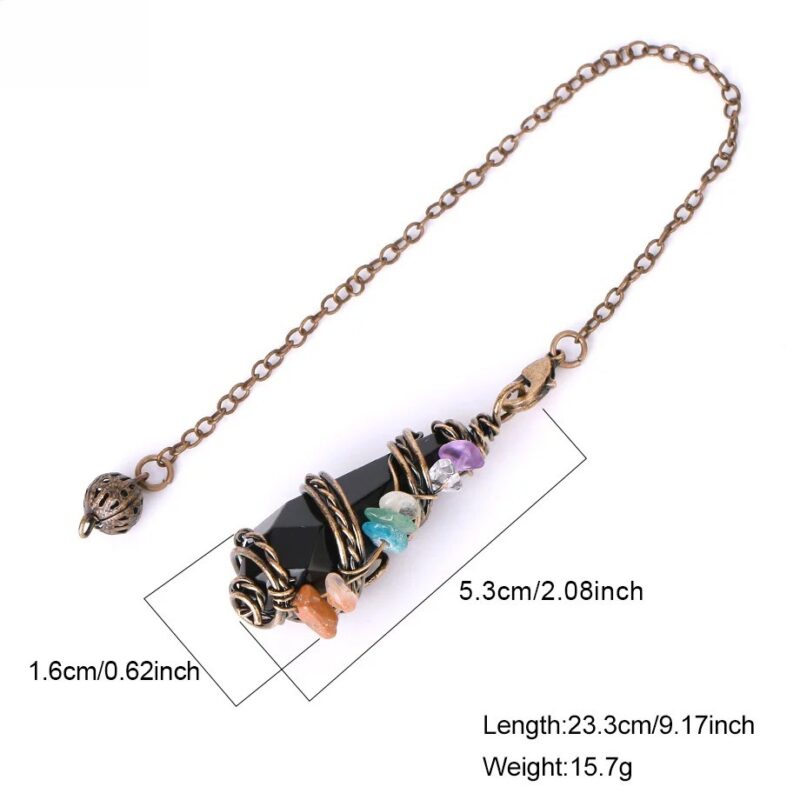 Black obsidian pendulum with wire wrap and colorful gemstones, on a bronze chain.  Measurements included.