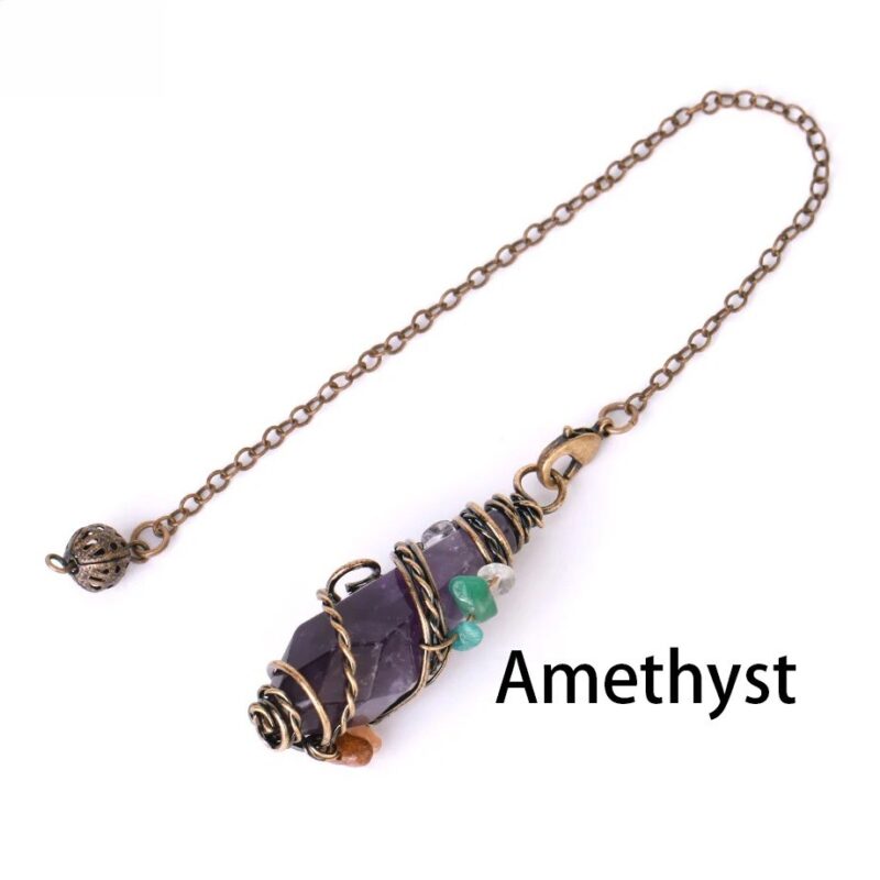 Amethyst pendulum, wire-wrapped, bronze chain.