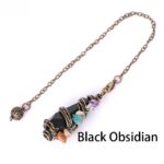 Black obsidian pendulum with wire wrap and small stones, on a chain.