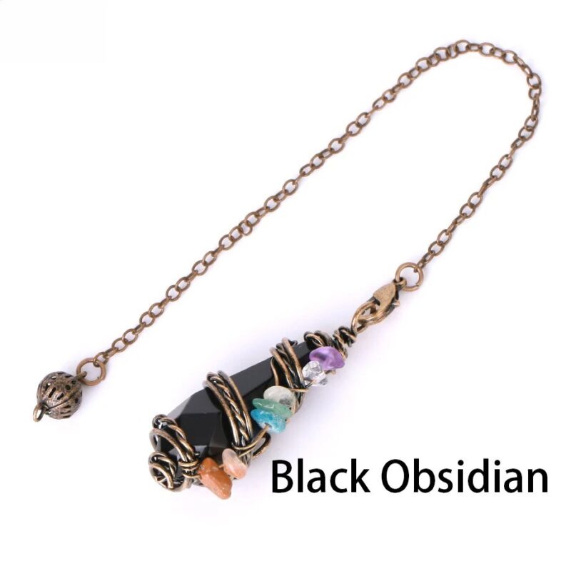Black obsidian pendulum with wire wrap and small stones, on a chain.