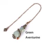Green aventurine pendulum with bronze chain and small gemstone accents.