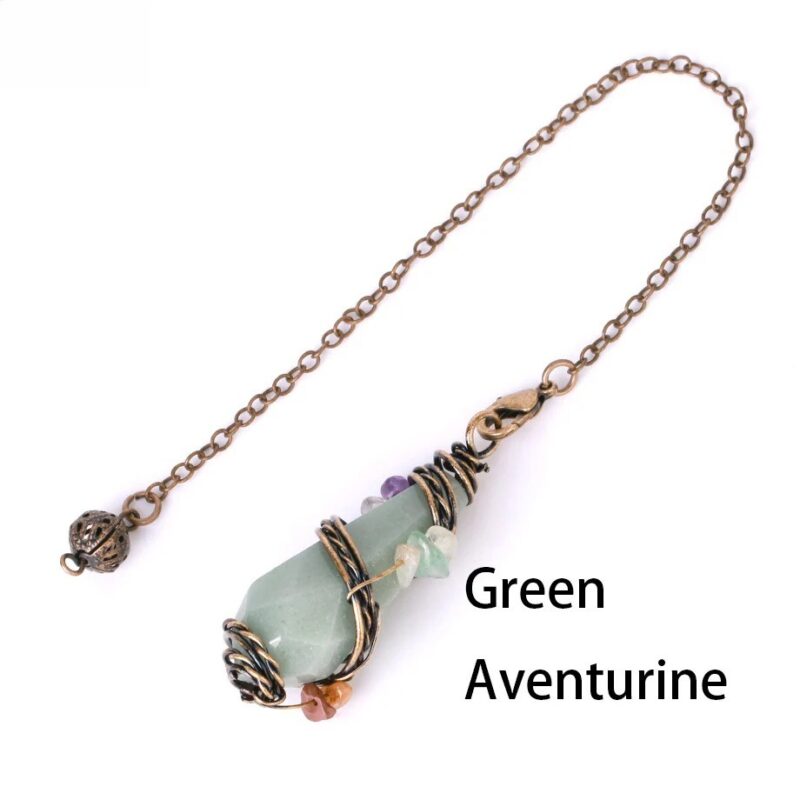 Green aventurine pendulum with bronze chain and small gemstone accents.