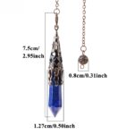 Blue lapis lazuli pendulum, ornate bronze-colored metal accents, dimensions.