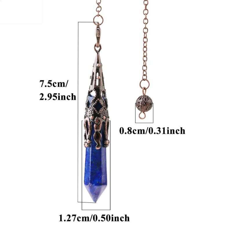 Blue lapis lazuli pendulum, ornate bronze-colored metal accents, dimensions.