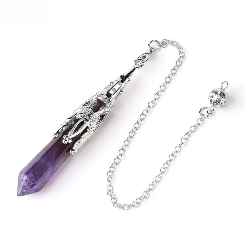 Amethyst pendulum with silver chain and metal accents.
