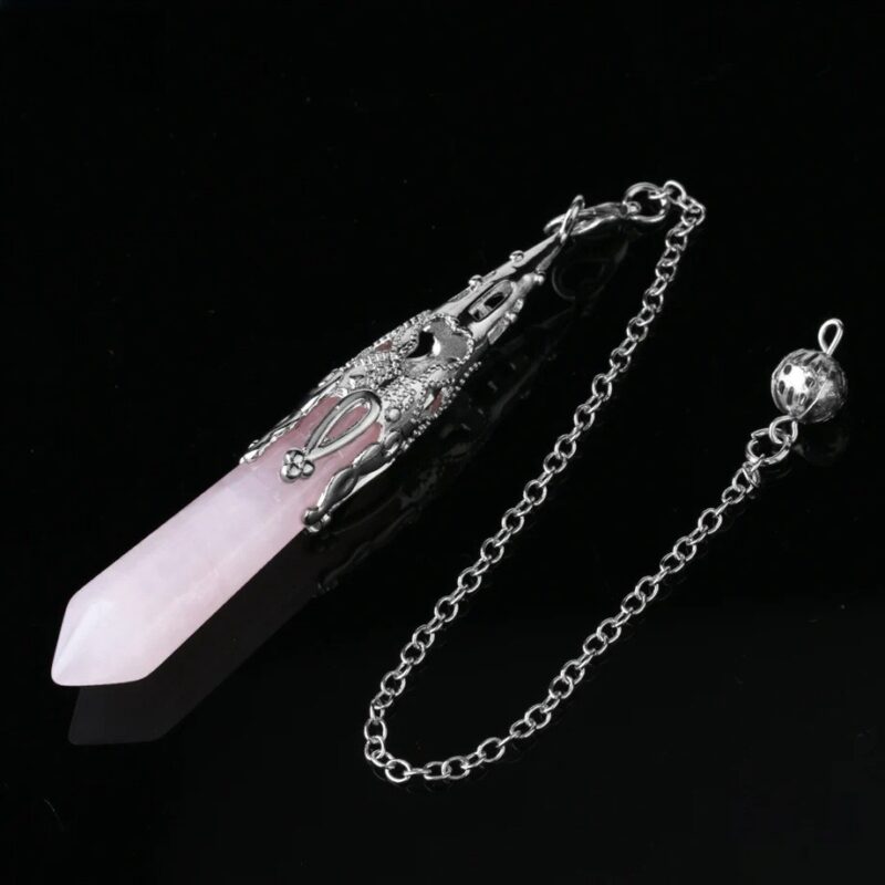 Rose quartz pendulum with silver accents and chain.