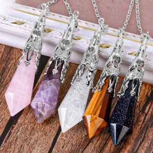 Set of gemstone pendulums, various colors including rose quartz, amethyst, white quartz, tiger's eye, and blue spinel, each with a decorative silver-toned metal top.