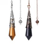 Two gemstone pendulums, one tiger's eye, one blue, with ornate metal caps and chains.
