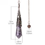 Amethyst pendulum with ornate, antique-bronze-colored top, chain, and small ball.  Dimensions included.