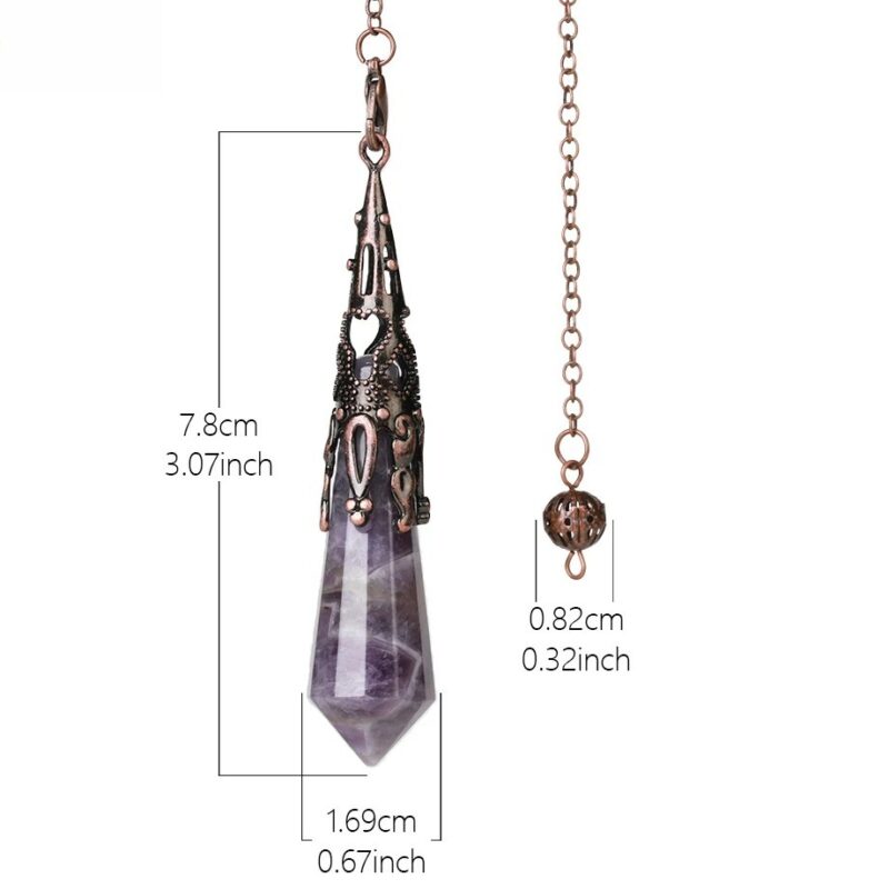 Amethyst pendulum with ornate, antique-bronze-colored top, chain, and small ball.  Dimensions included.