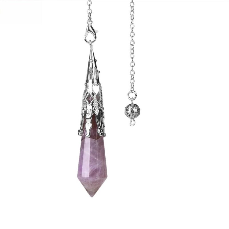 Amethyst pendulum with silver-toned cap and chain.