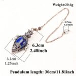 Blue lapis lazuli pendulum with copper-tone chain, measurements.