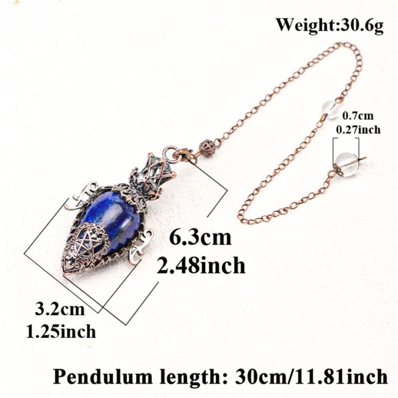 Blue lapis lazuli pendulum with copper-tone chain, measurements.