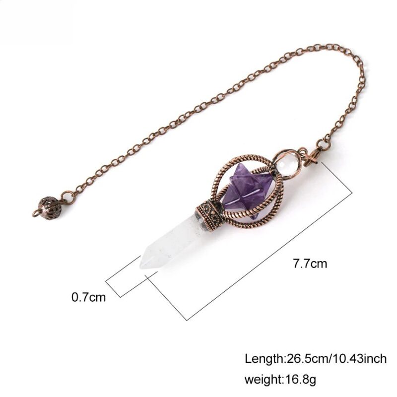 Amethyst and quartz crystal pendulum, copper-toned metal, 7.7cm.