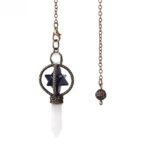Crystal pendulum with dark blue star and clear quartz point, on bronze chain.  Spiritual tool.