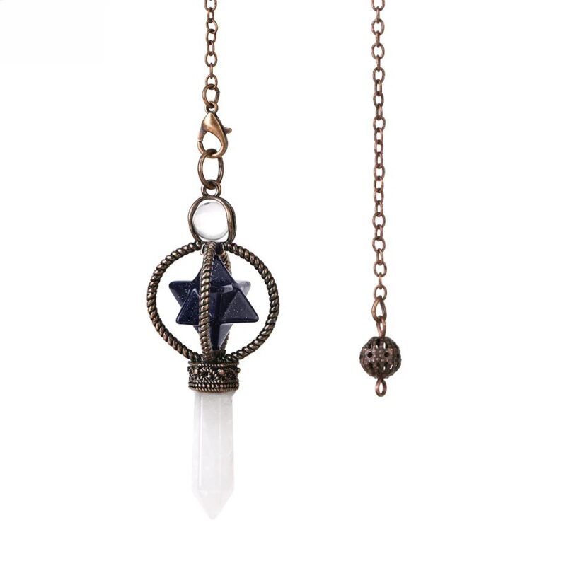 Crystal pendulum with dark blue star and clear quartz point, on bronze chain.  Spiritual tool.