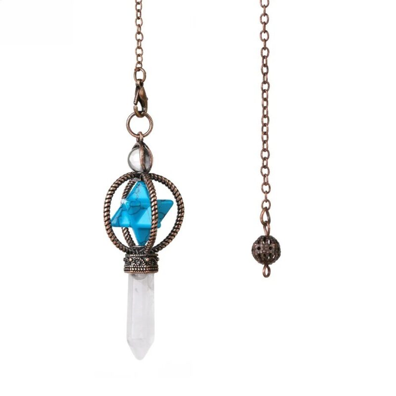 Copper-toned pendulum with turquoise stone and crystal point.