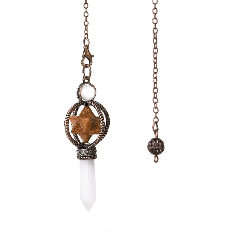 Copper-toned pendulum with a star-shaped stone and clear quartz crystal.  Spiritual tool.