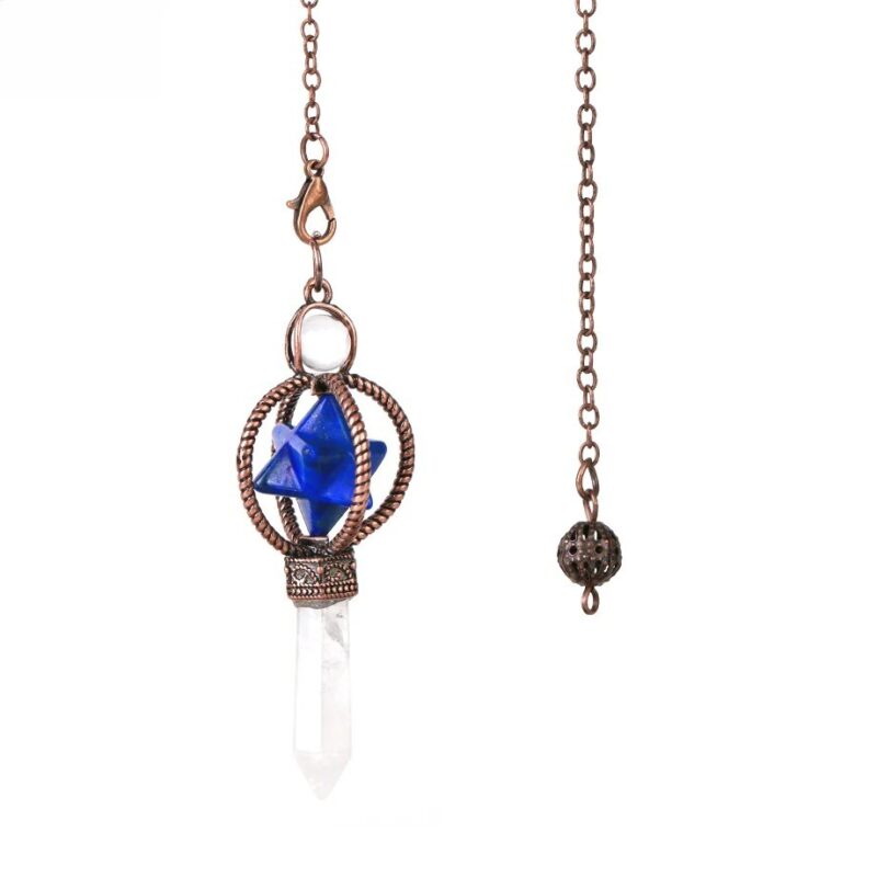 Copper-toned pendulum with clear quartz point and blue stone star design.