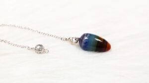 Rainbow chakra pendulum, silver chain.