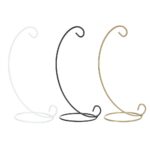 Three metal plant hangers, white, black, and gold.