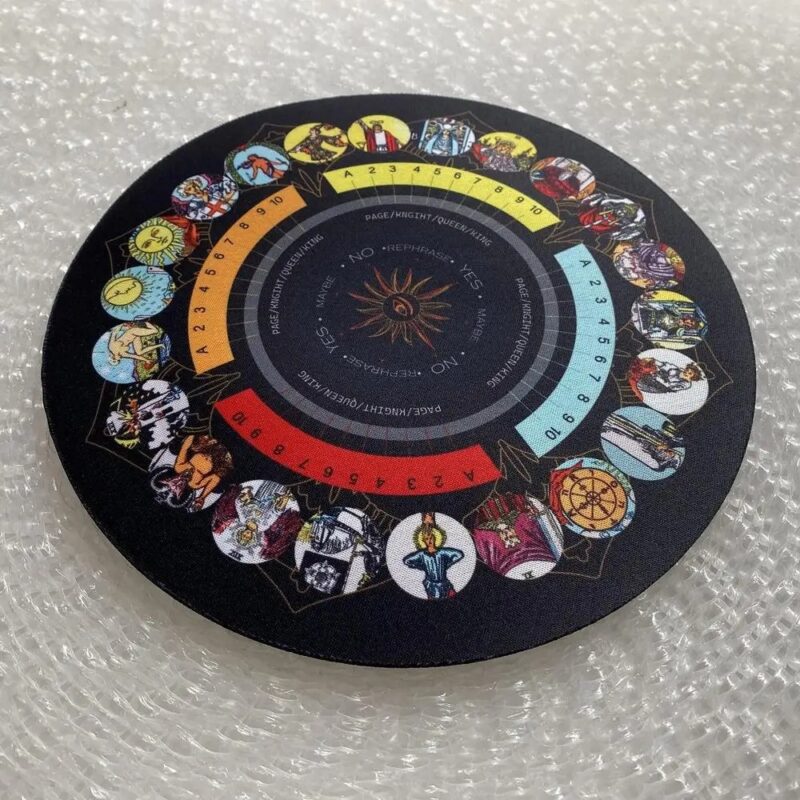 Tarot card circular mousepad, numbered positions,  images of tarot cards,  yes, no, maybe options.