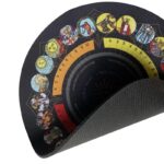 Tarot card circular mousepad, dark background with colorful images of tarot cards and numbers.