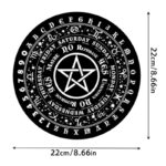 Black and white Ouija board, circular design with letters, days of the week, and a pentagram.  22cm diameter.
