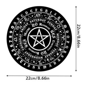Black and white Ouija board, circular design with letters, days of the week, and a pentagram.  22cm diameter.